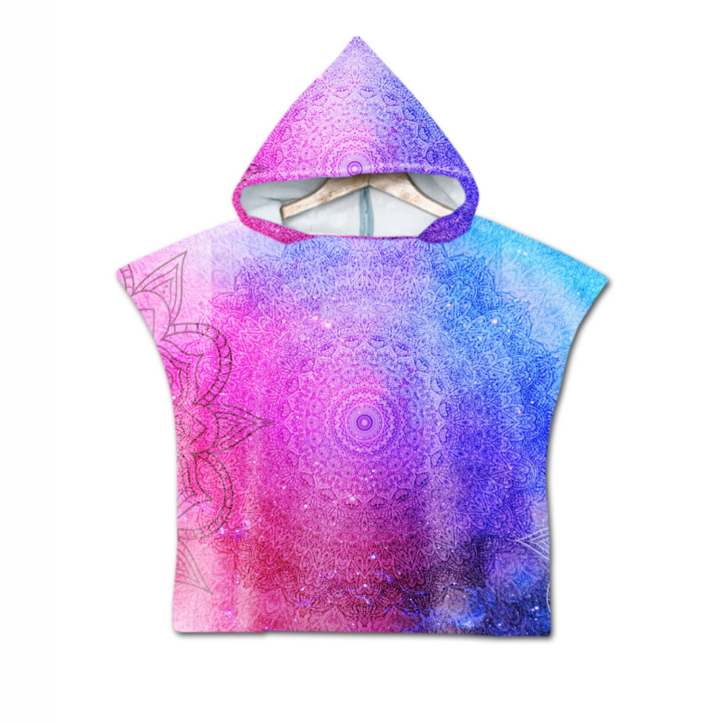 Kids Poncho Towel with Oriental Mandala print in pink and light blue