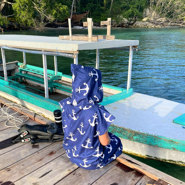 Adult Poncho Towel -  Anchor on Ocean Blue