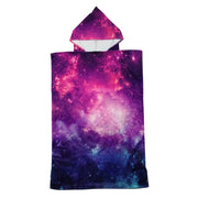 Adult Poncho Towel made from microfiber with pink, blue galaxy star print