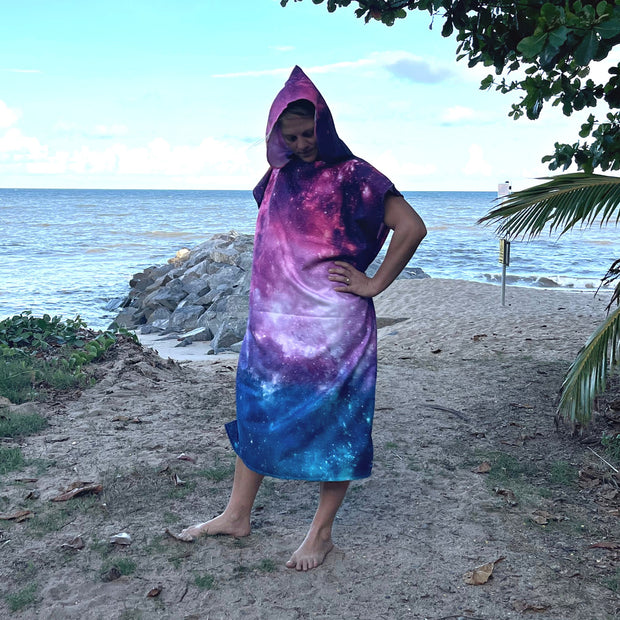 Adult Poncho Towel made from microfiber with pink, blue galaxy star print