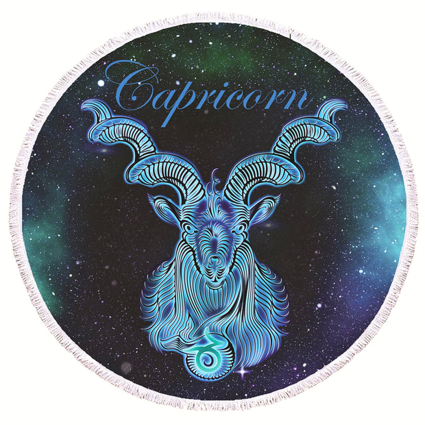 Round Beach Towel with the the zodiac sign Capricorn as center of the scene. Background with the night horizon of stars. in dark blue