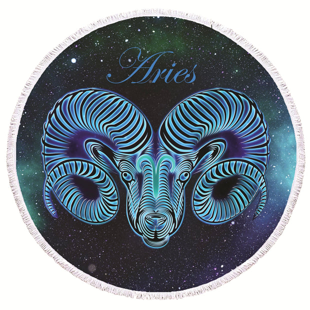 Round Beach Towel with Starsign print in dark blue and bright shiny blue and the stars in the background. Masmarizing Design of your starsig Aries
