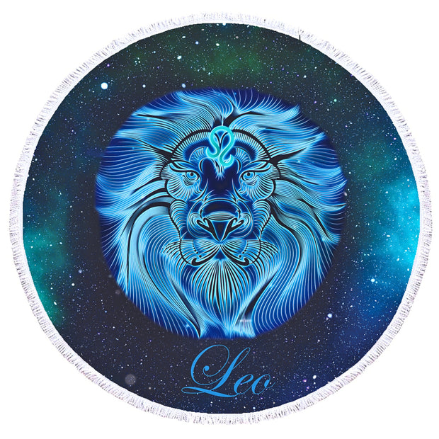 Round Beach Towel-Zodiac Sign Leo on masmarizing star background 