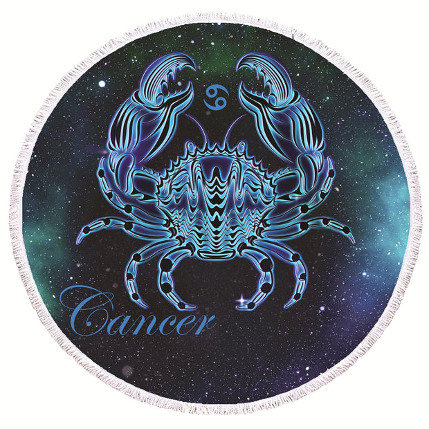 Round Beach Towel with Starsign print in dark blue and bright shiny blue and the stars in the background. Masmarizing Design of your starsign cancer