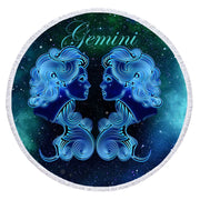 Round Beach Towel with Starsign print in dark blue and bright shiny blue and the stars in the background. Masmarizing Design of your starsign Gemini